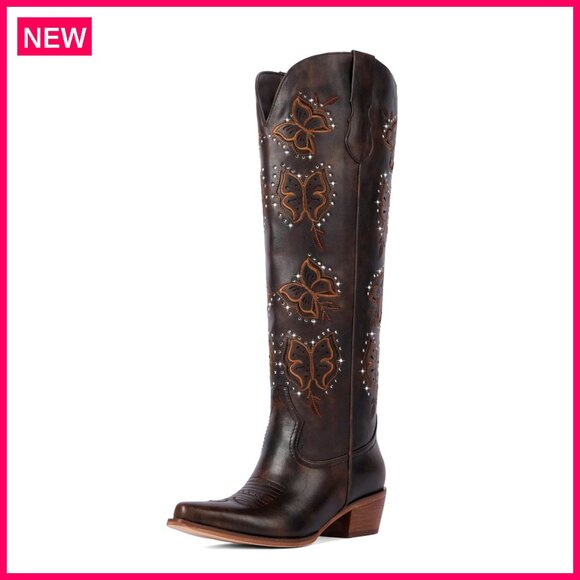 Women's Rhinestone Butterfly Embroidered Cowboy Boots Chunky Heel Knee High